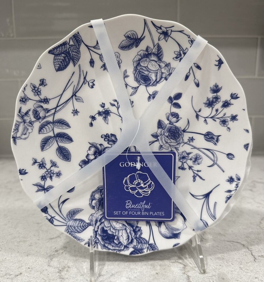 4 BLUE VINTAGE SCALLOPED EDGE Godinger 8" Floral Appetizer Salad Dessert Plates
